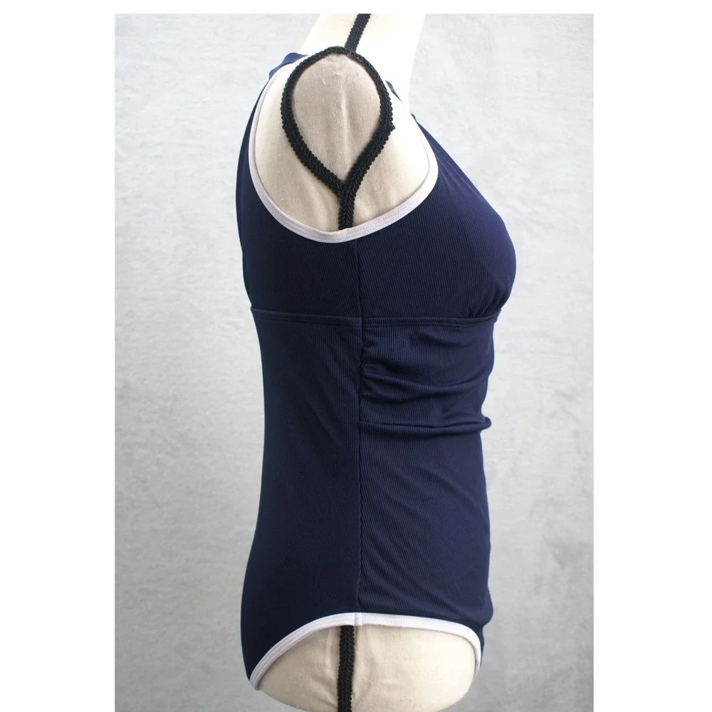 Navy Ribbed Halter One Piece Swimsuit White Trim Keyhole Cutout Women Medium
